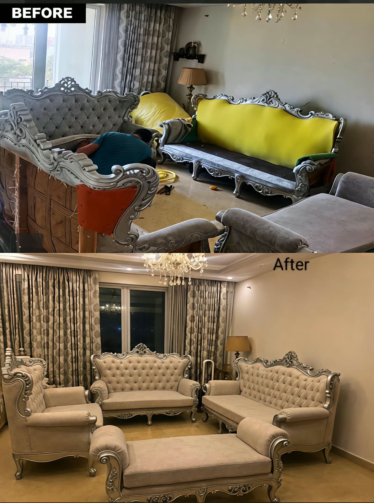 Before and after sofa repair in Noida - old worn sofa restored by Diamond Sofa Repair